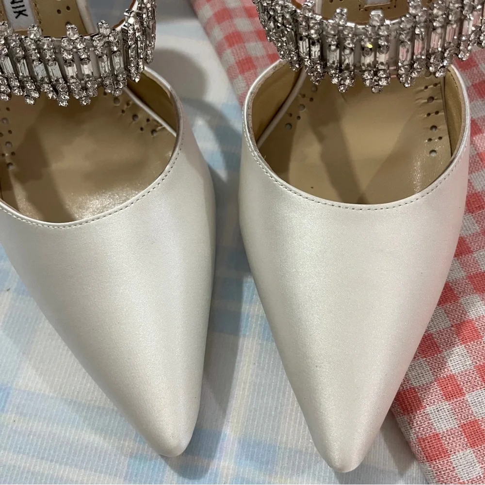 Manolo Blahnik White Satin Pointed Mules with Crystal Strap
